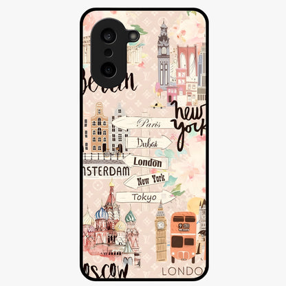 Aesthetic Travel Glass Case for 1+Nord CE 5 front view featuring wanderlust inspired travel artwork