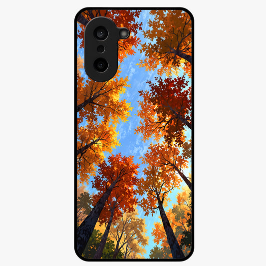 Amber Canopy Glow Glass Case for 1+Nord Ce 5 warm front view featuring glowing forest canopy artwork