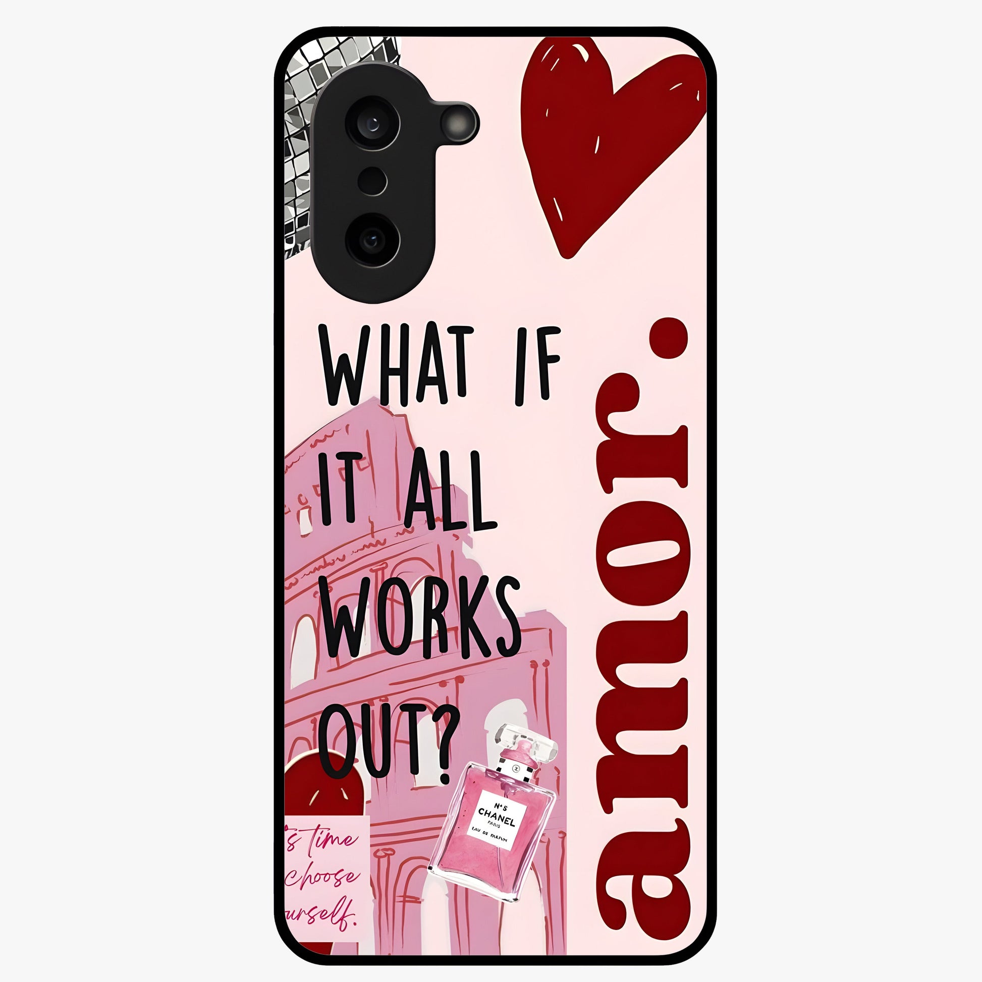 Amor Memory Scrapbook Glass Case for 1+Nord Ce 5 vintage front view featuring romantic scrapbook style artwork