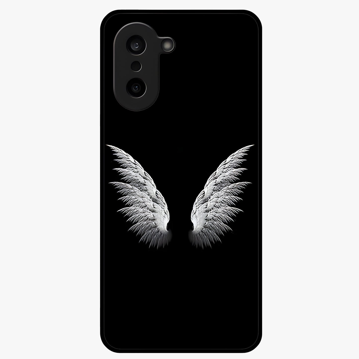 Angel Wing Grace Glass Case for 1+Nord CE 5 elegant front view featuring soft angel wing artwork
