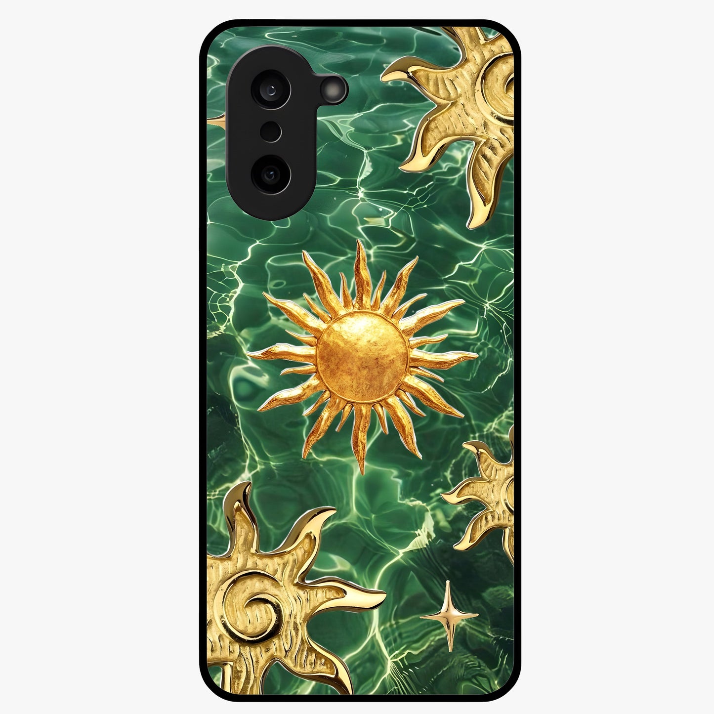 Aqua Sun Mirage Glass Case for 1+Nord Ce 5 vibrant front view featuring aqua blue sun inspired artwork