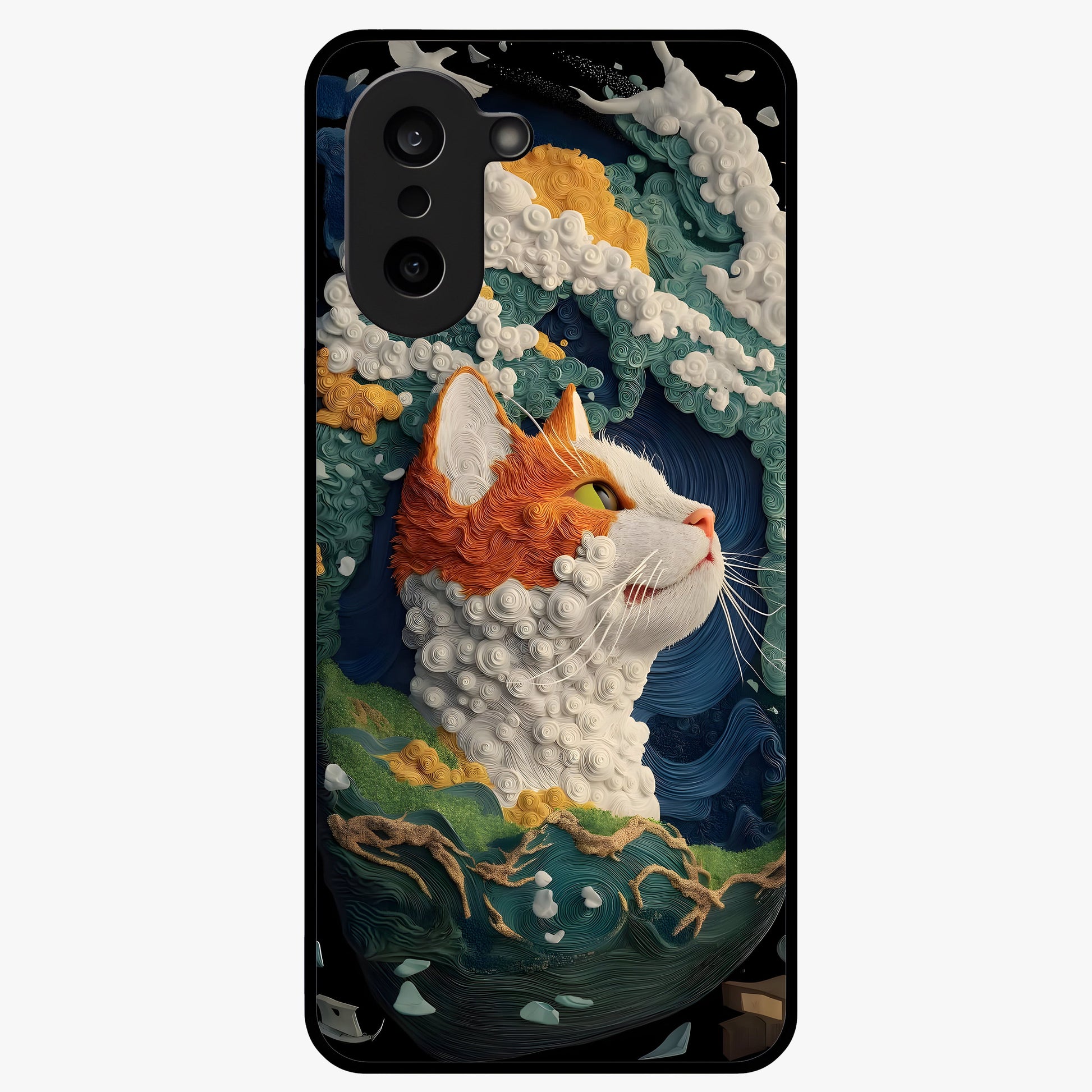 Aurora Cat Dreams Glass Case for 1+Nord CE 5 dreamy front view featuring glowing cat artwork with aurora tones