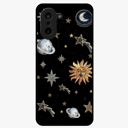 Beaded Cosmic Dreams Glass Case for 1+Nord Ce 5 front view featuring celestial bead inspired cosmic artwork