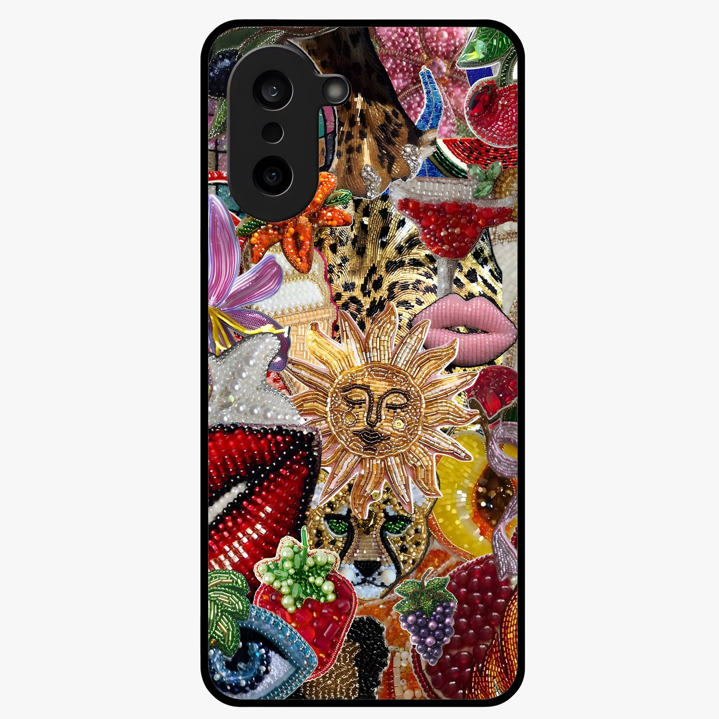 Beaded Fashion Jungle Glass Case for 1+Nord Ce 5 bold front view featuring beaded jungle themed artwork