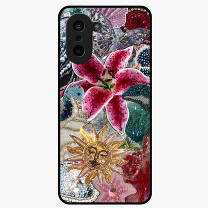 Beaded Garden Fantasy Glass Case for 1+Nord CE 5 front view featuring colorful beaded floral garden artwork