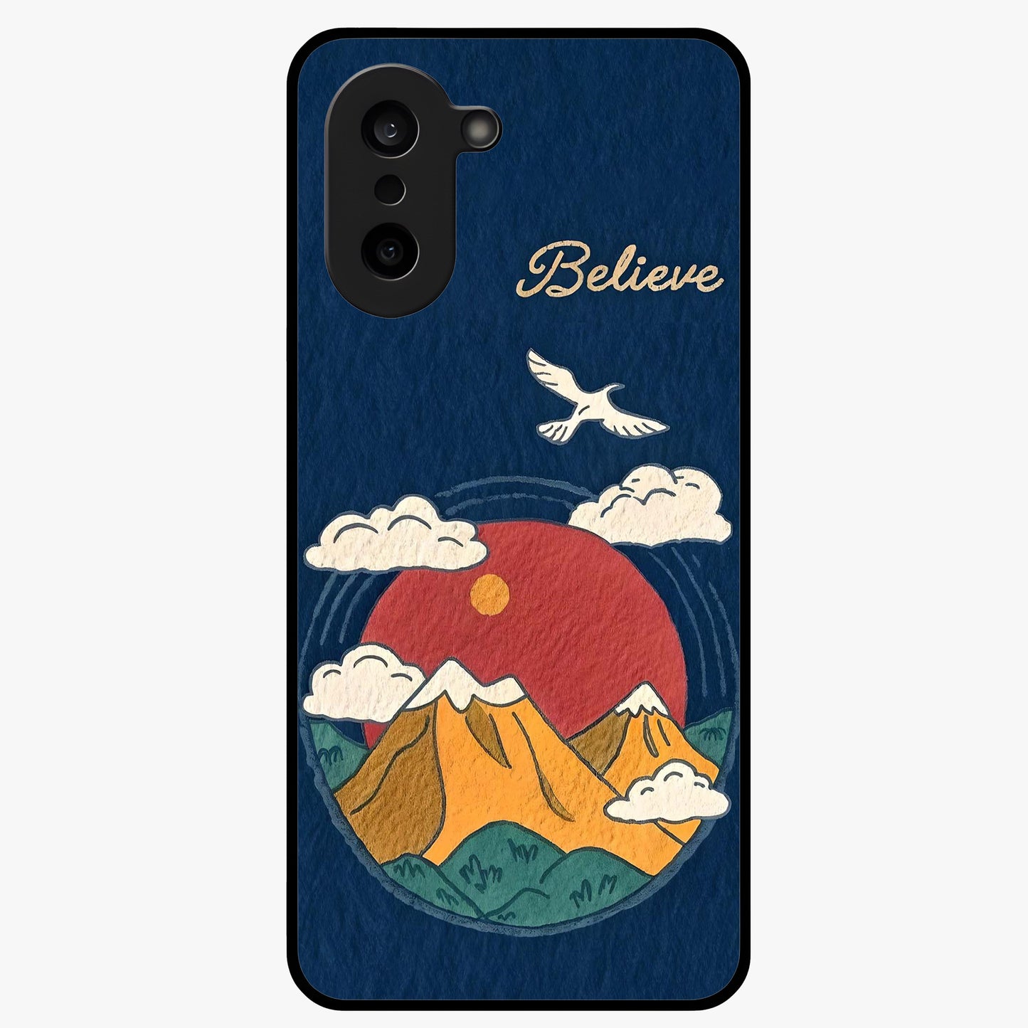 Believe Sky Escape Glass Case for 1+Nord CE 5 inspirational front view featuring sky inspired artwork with uplifting message