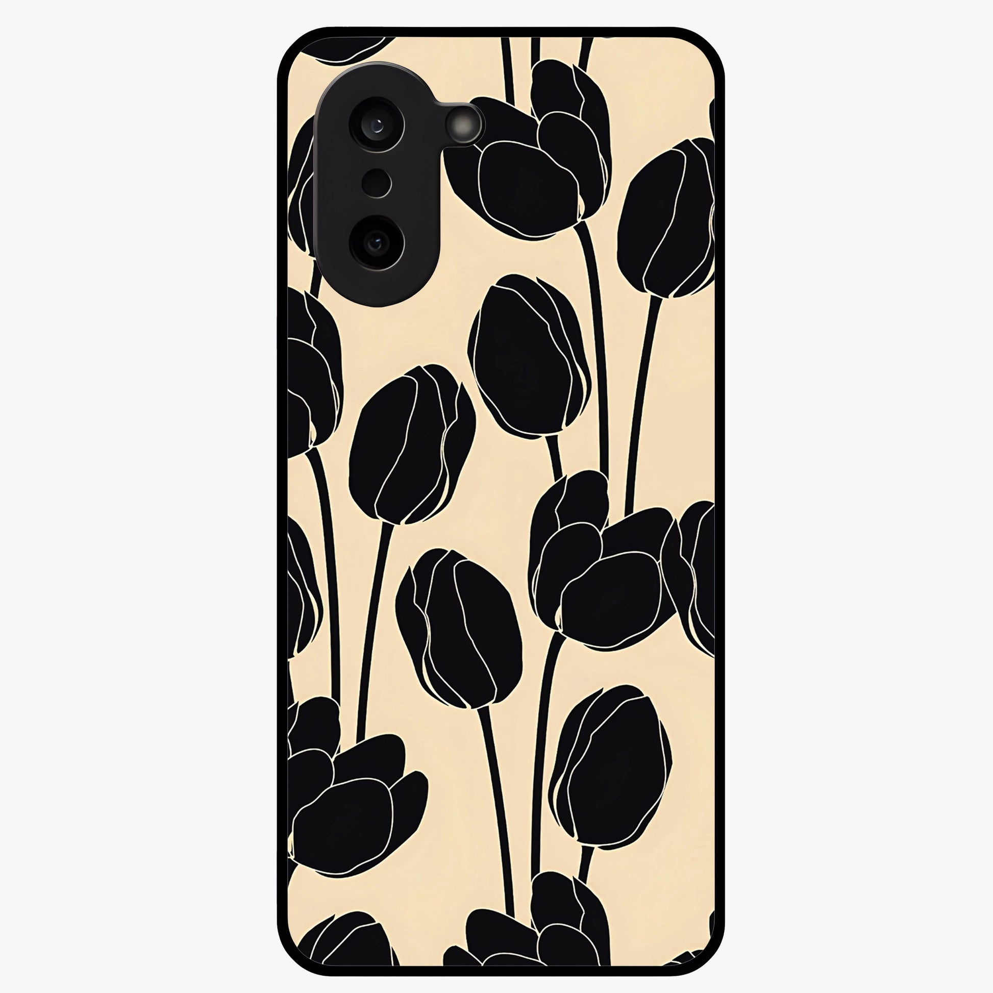 Black Designer Tulip Glass Case for 1+Nord CE 5 elegant front view featuring refined tulip artwork on black background