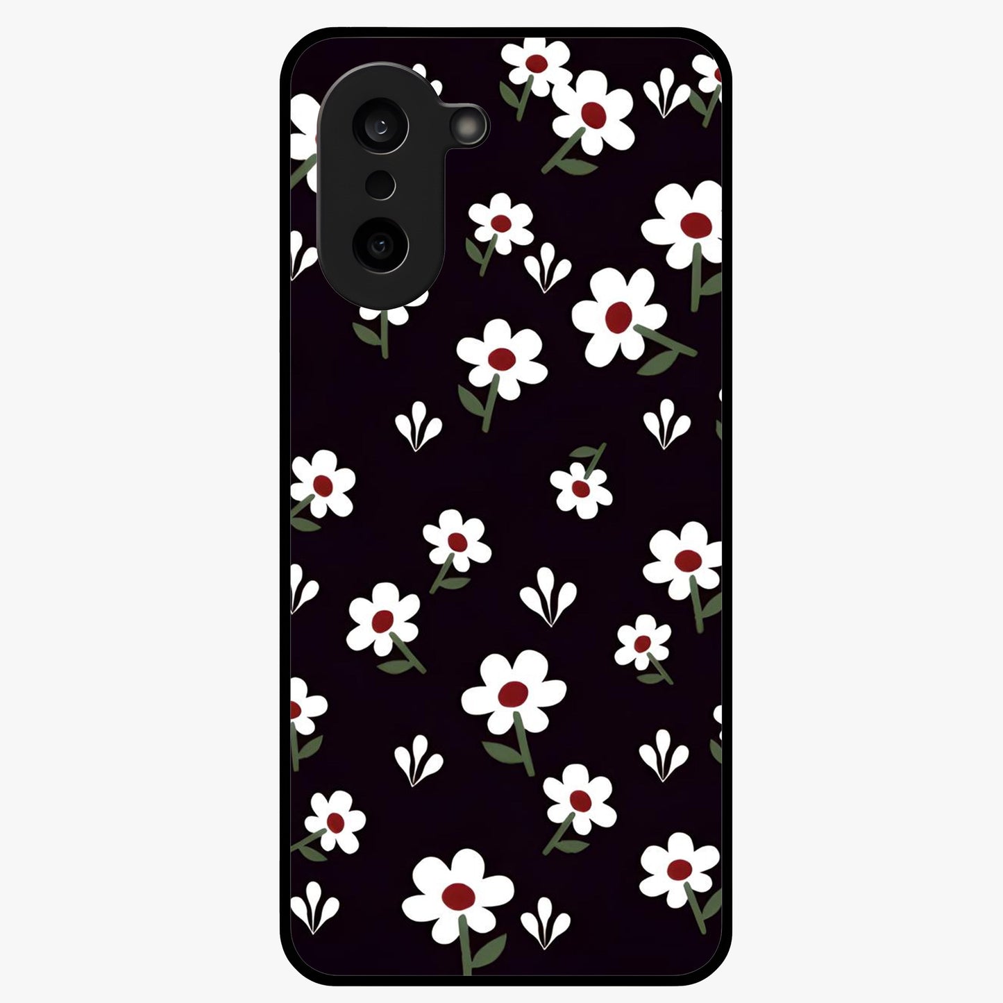Black Prints Daisy Flower Pattern Glass Case for 1+Nord CE 5 front view featuring white daisy floral artwork on black base
