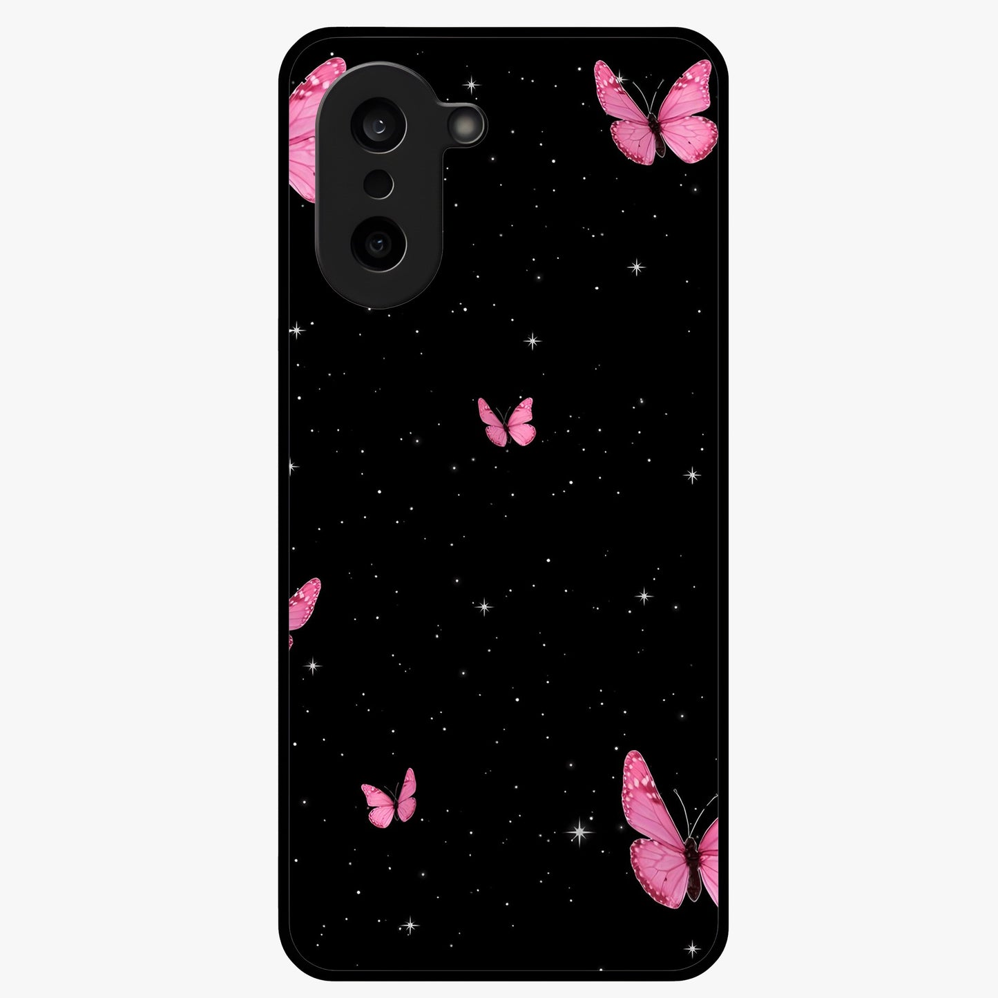 Blinking Butterfly Glass Case for 1+Nord Ce 5 showing full back design in clean flat view with delicate butterfly artwork and glossy glass finish.