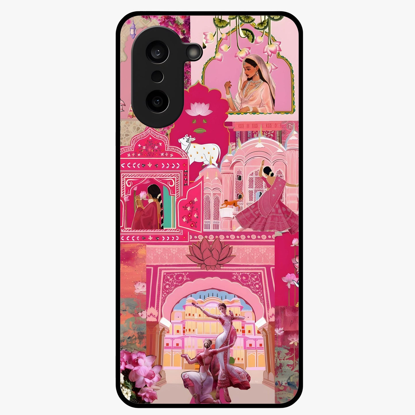 Blossoms of Rajasthan Glass Case for 1+Nord CE 5 vibrant front view featuring traditional Rajasthani floral artwork