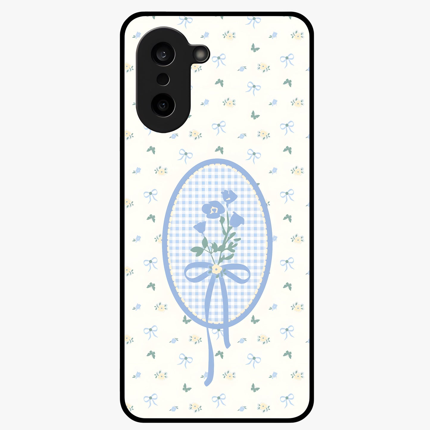 Blue Ribbon Bloom Glass Case for 1+Nord CE 5 elegant front view featuring soft floral artwork with ribbon accents