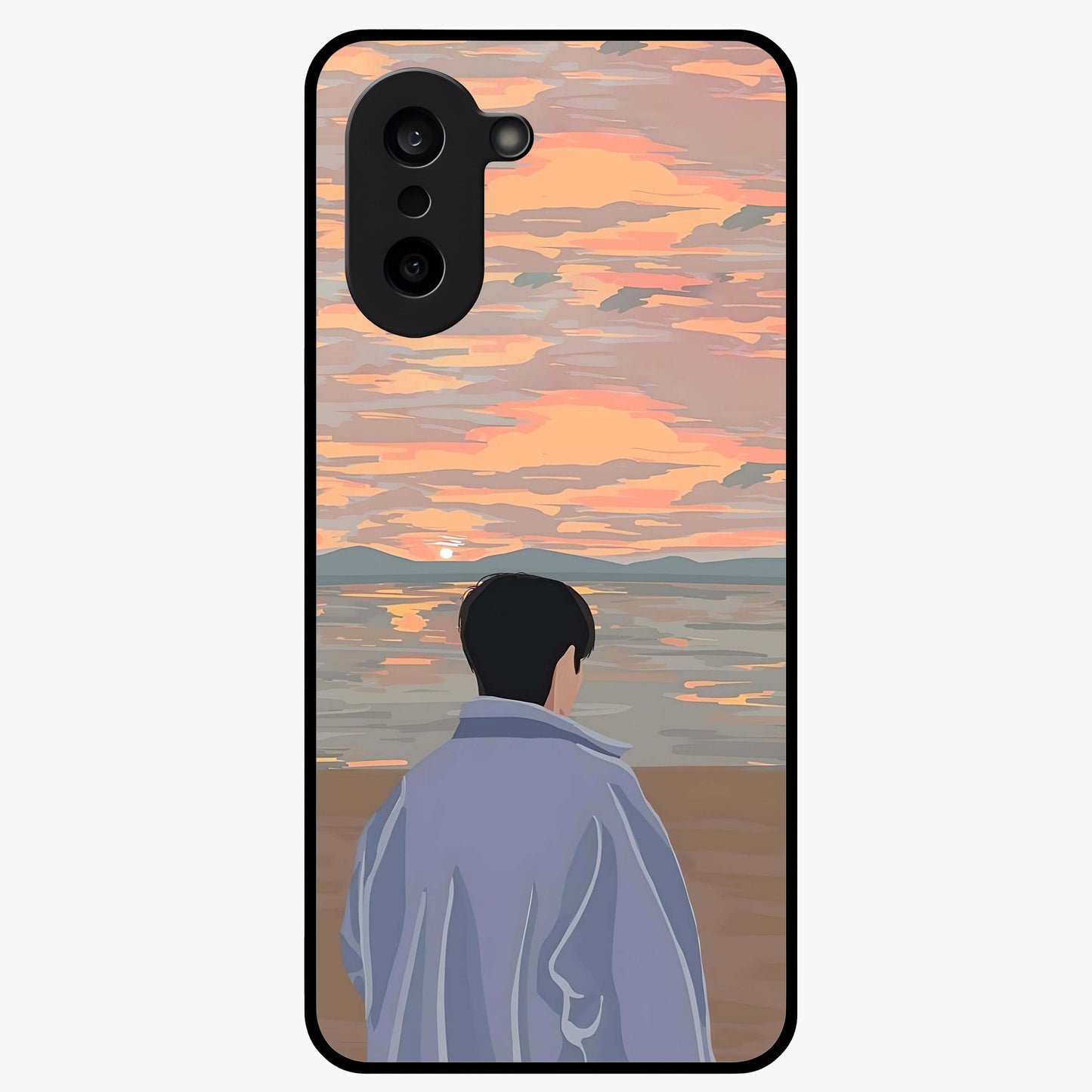 Boy Facing Sunset Beach Glass Case for 1+Nord CE 5 scenic front view featuring silhouette artwork against glowing sunset sky