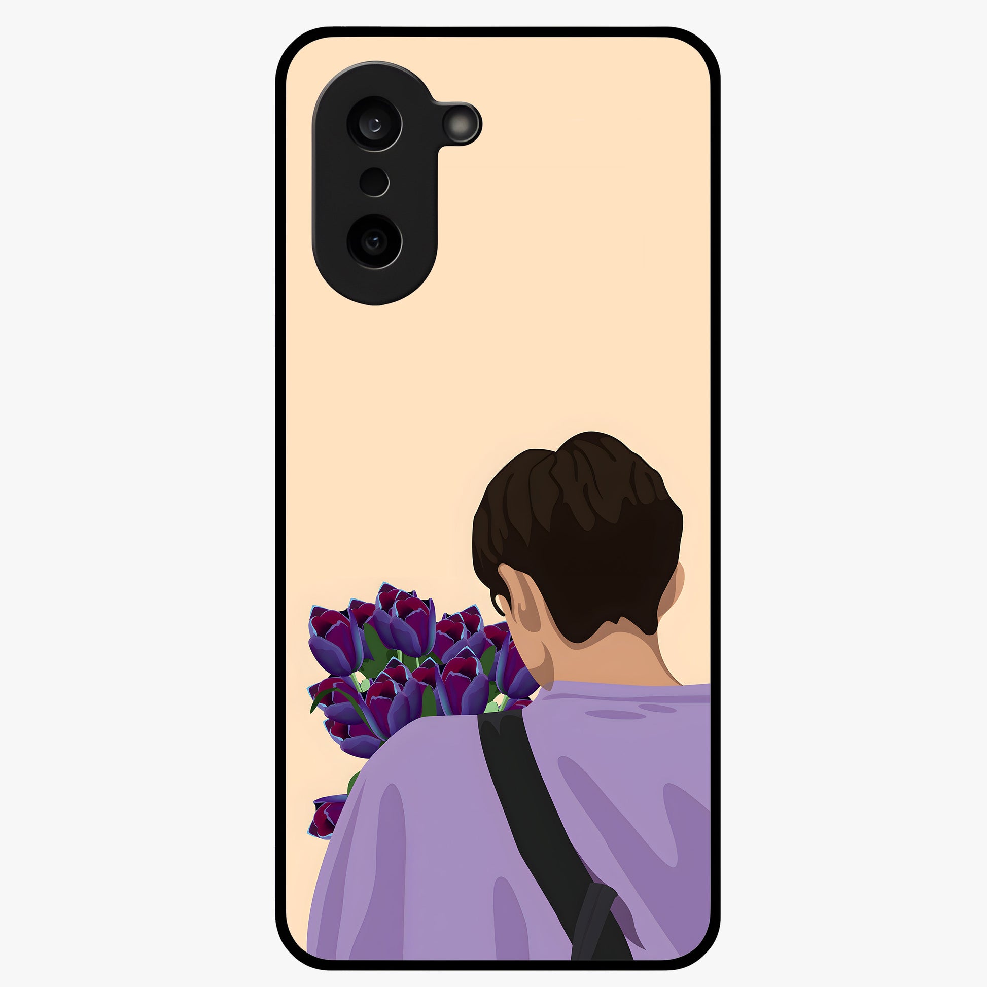 Boy Holding Flowers Glass Case for 1+Nord CE 5 aesthetic front view featuring soft illustrated character holding floral bouquet