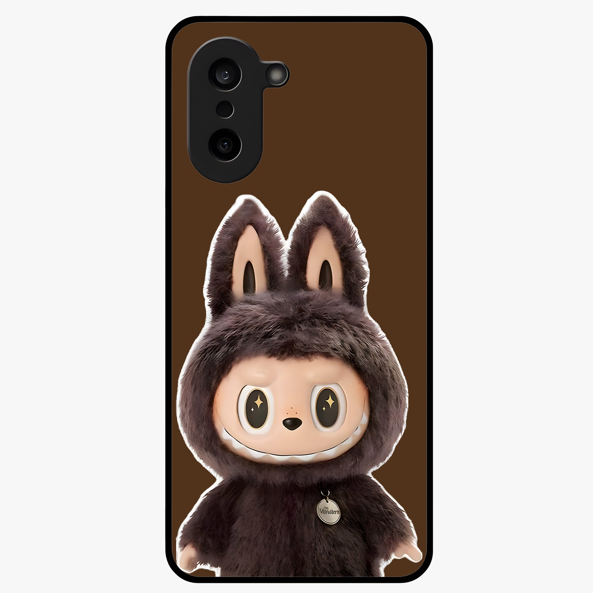 Brown Labubu Design Glass Case for 1+Nord CE 5 cute front view featuring playful Labubu character artwork in warm brown tones