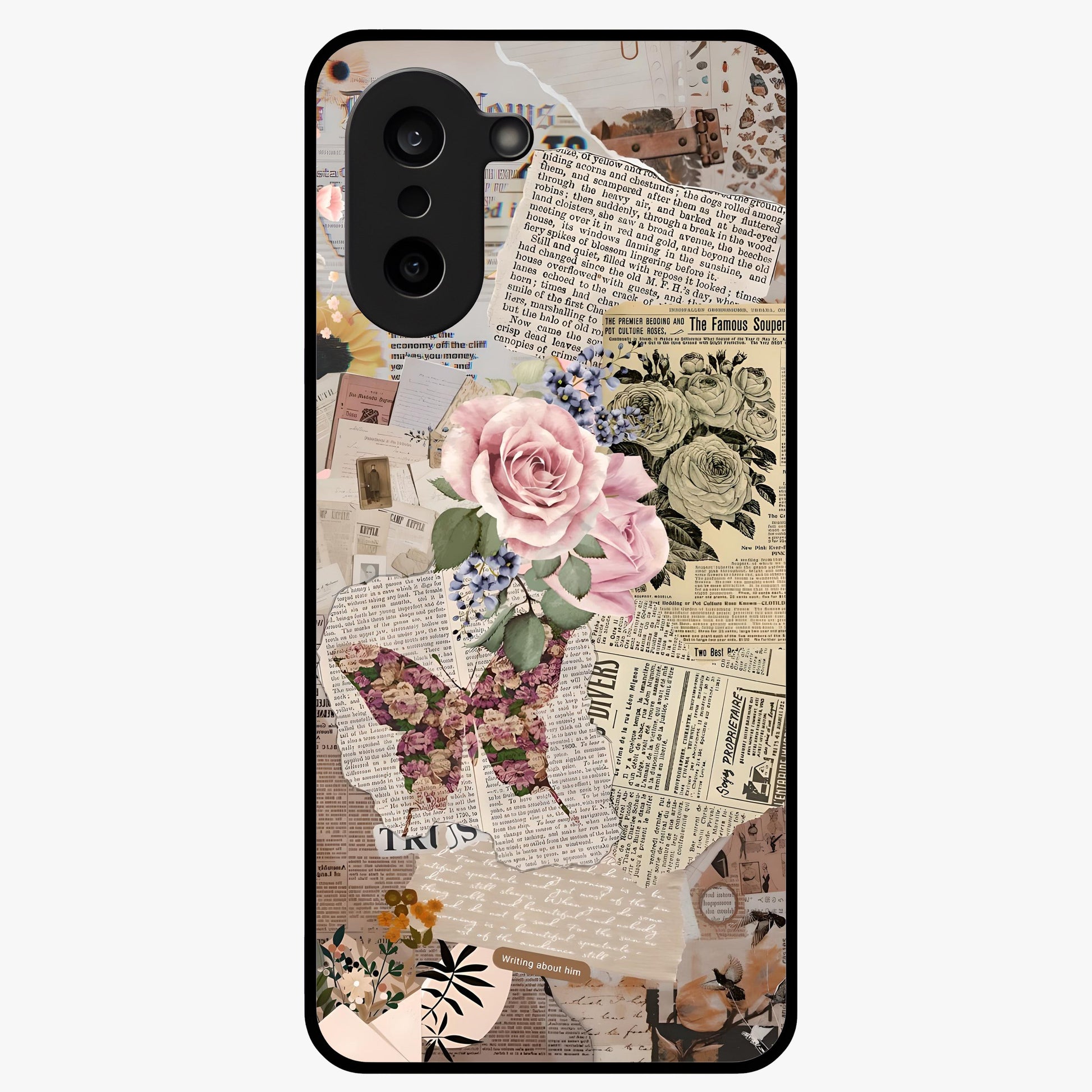 Butterfly News Bloom Glass Case for 1+Nord CE 5 artistic front view featuring blooming floral and butterfly themed artwork