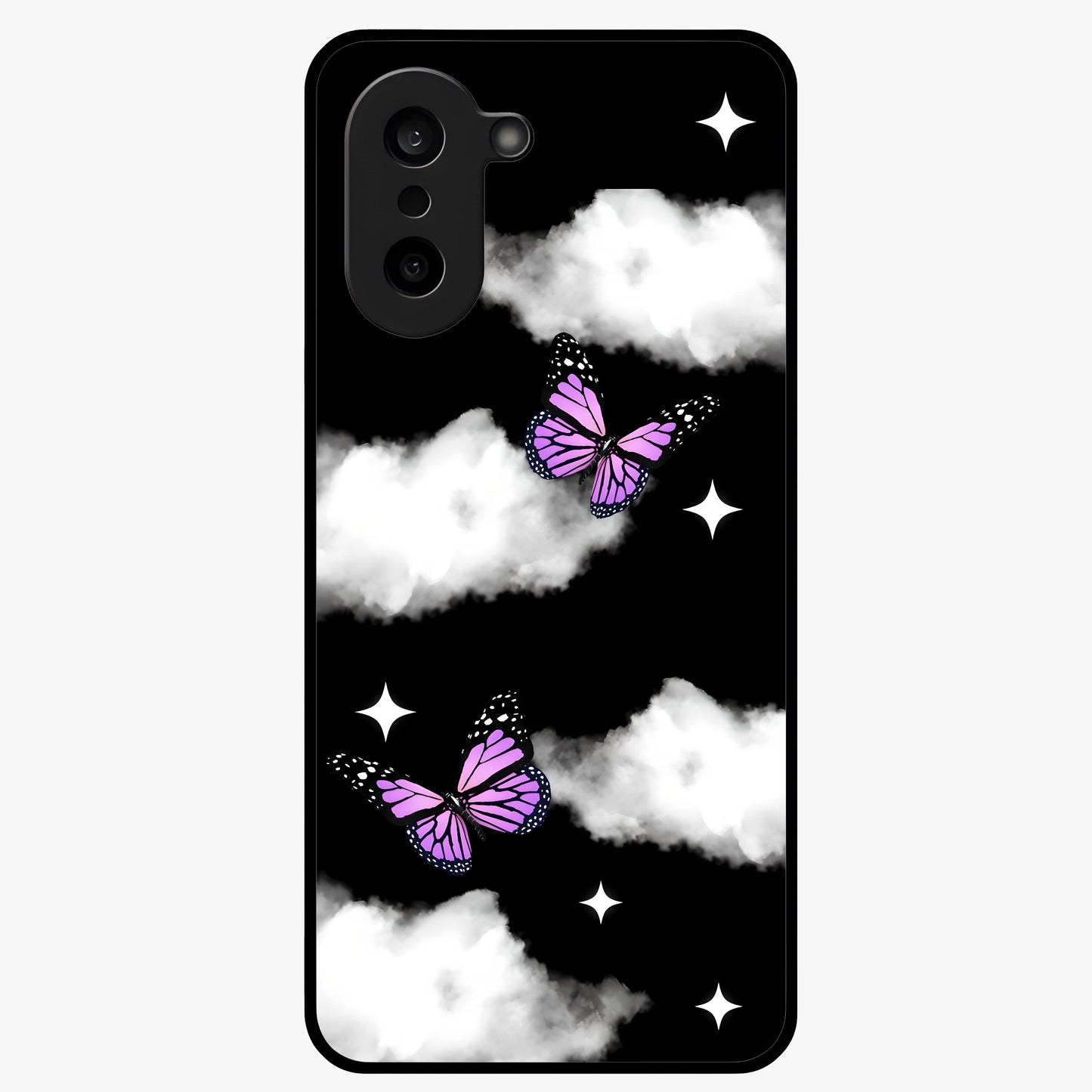 Butterfly Night Drift Glass Case for 1+Nord CE 5 dreamy front view featuring butterfly artwork with dark night inspired tones