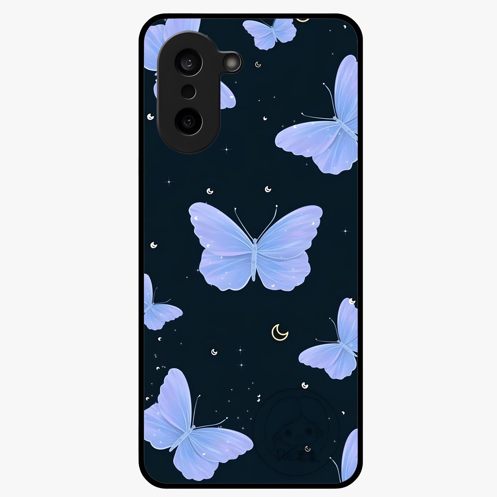 Butterfly With Stars Pattern Glass Case for 1+Nord CE 5 dreamy front view featuring butterfly artwork with star accents