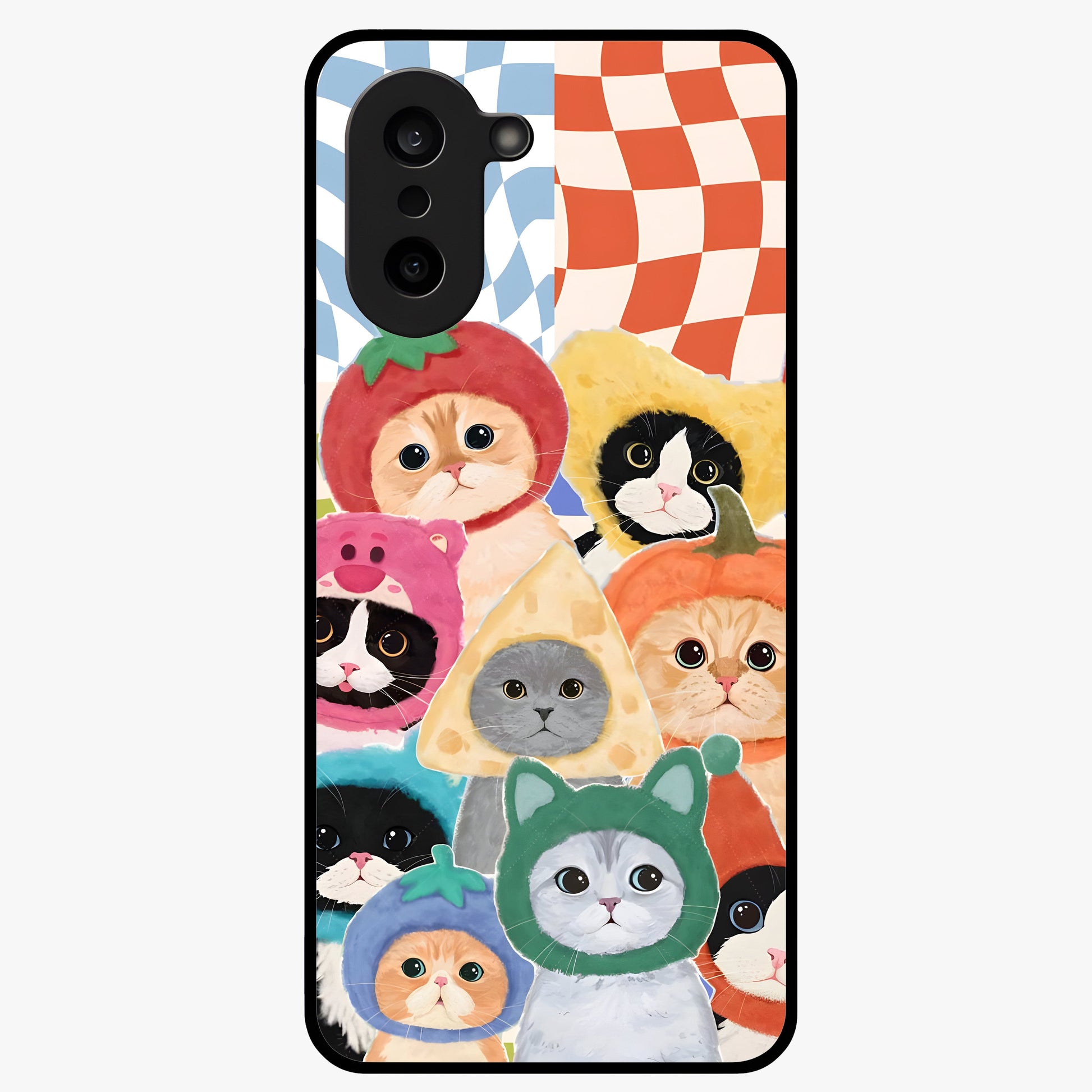 Cats in Fruits Glass Case for 1+Nord CE 5 playful front view featuring cute cat illustrations with vibrant fruit artwork