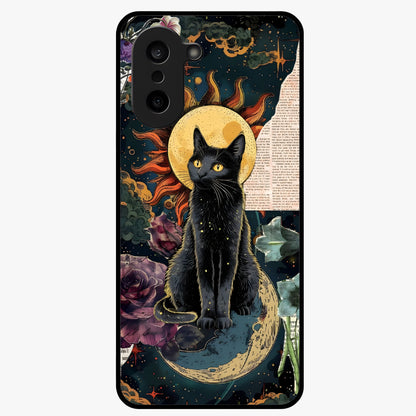 Celestial Black Cat Glass Case for 1+Nord CE 5 mystical front view featuring black cat artwork with cosmic background