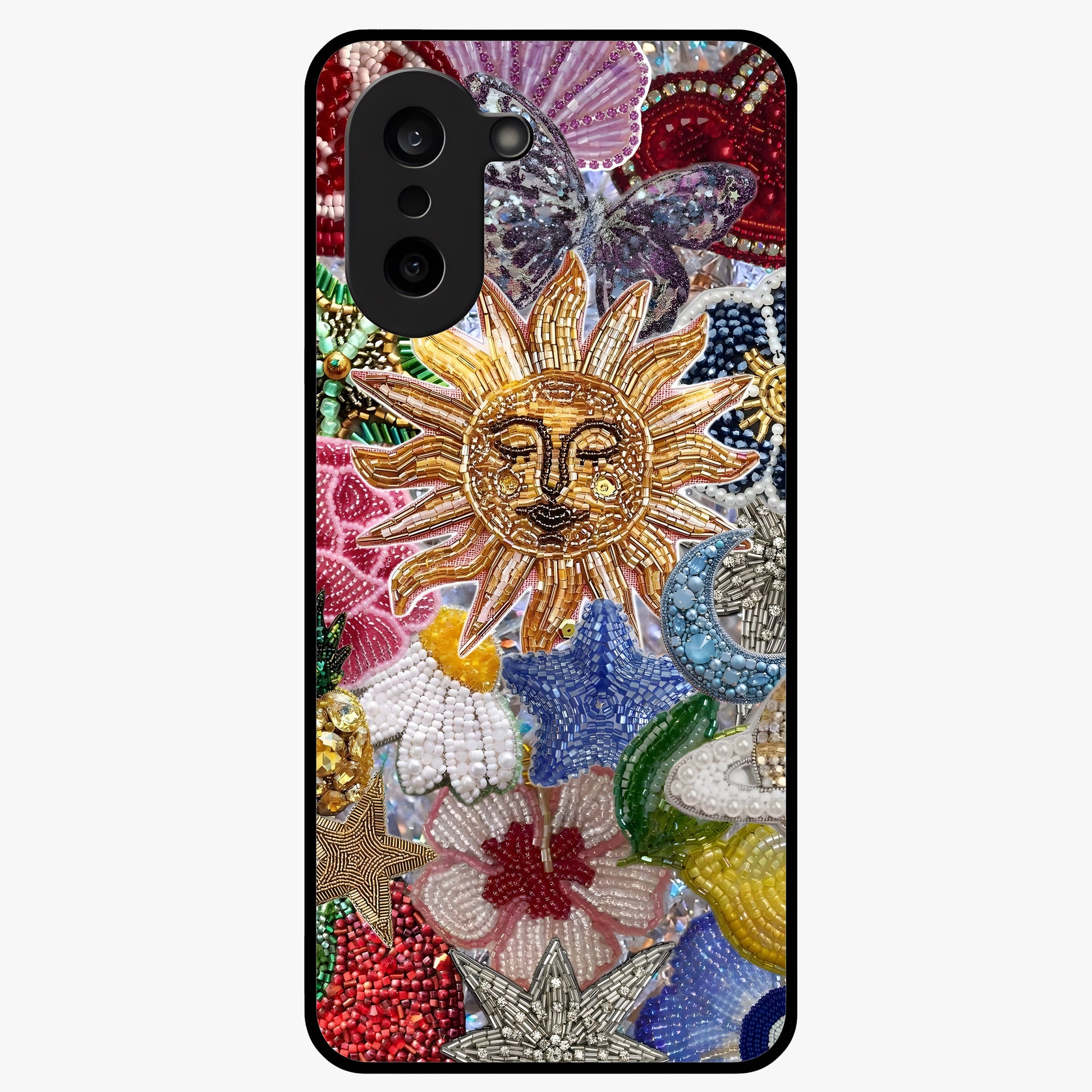 Celestial Floral and Playful Glass Case for 1+Nord CE 5 vibrant front view featuring floral artwork blended with cosmic elements