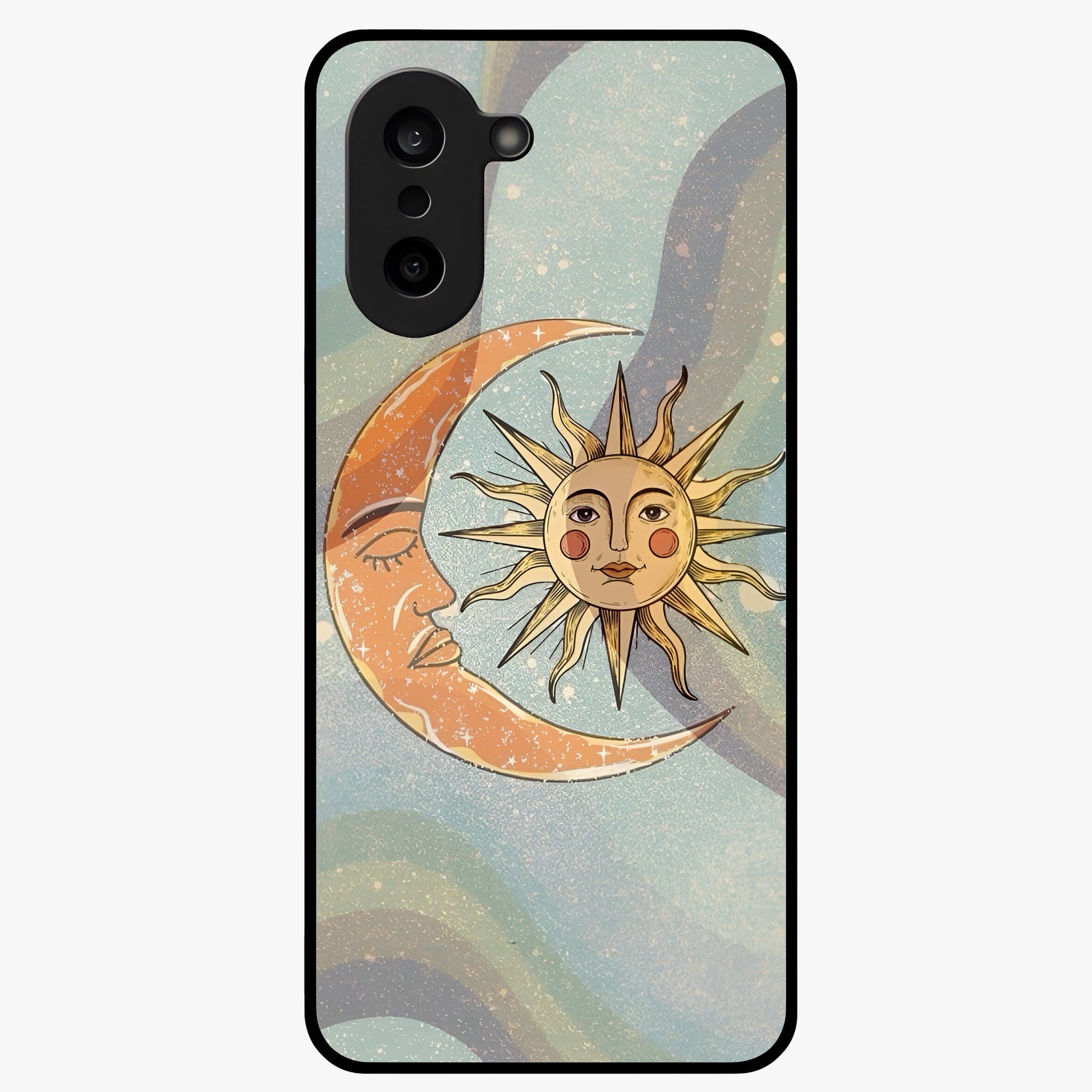 Celestial Harmony Vibes Glass Case for 1+Nord CE 5 serene front view featuring balanced cosmic artwork with calming tones