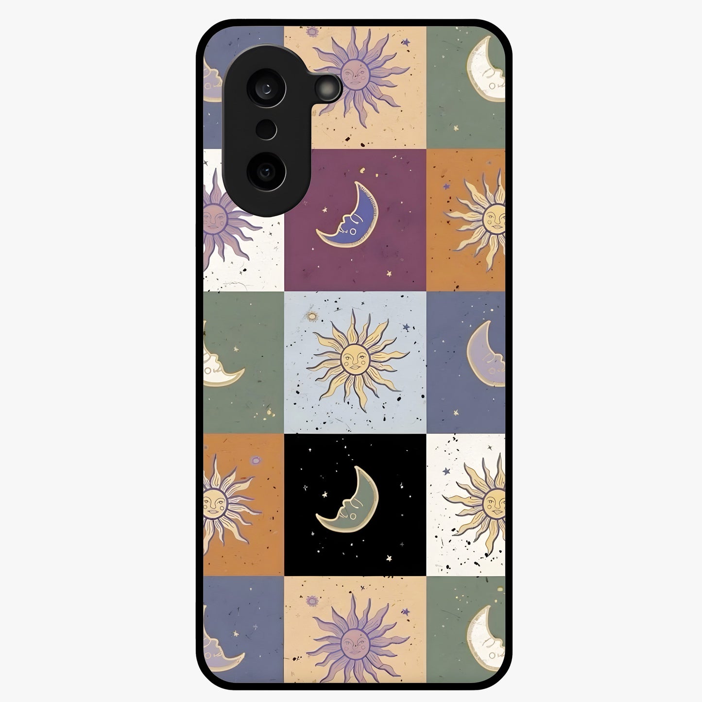 Celestial Patchwork Dreams Glass Case for 1+Nord CE 5 dreamy front view featuring patchwork style cosmic artwork