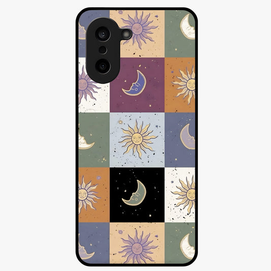 Celestial Patchwork Dreams Glass Case for 1+Nord CE 5 dreamy front view featuring patchwork style cosmic artwork