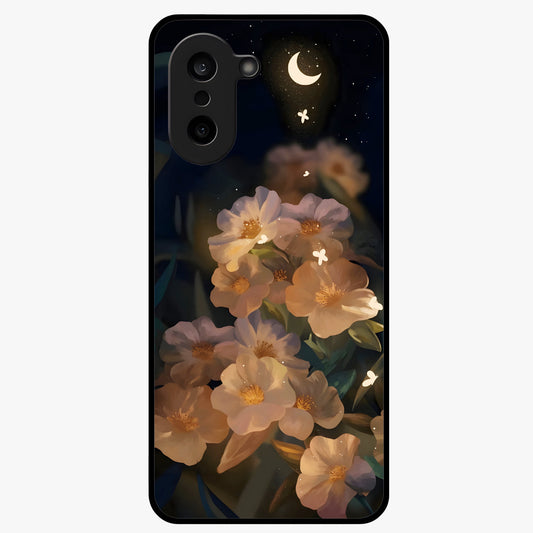 Celestial Petal Night Glass Case for 1+Nord CE 5 elegant front view featuring floral petals against dark night sky tones