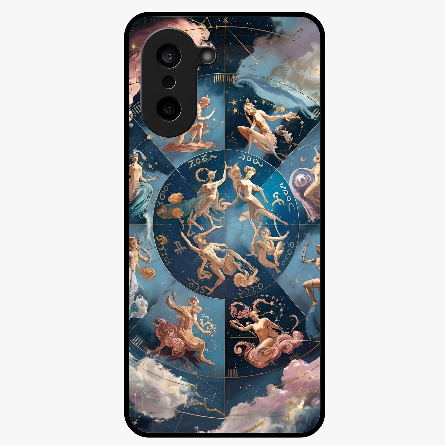 Celestial Signs Dance Glass Case for 1+Nord CE 5 artistic front view featuring zodiac inspired celestial symbol artwork