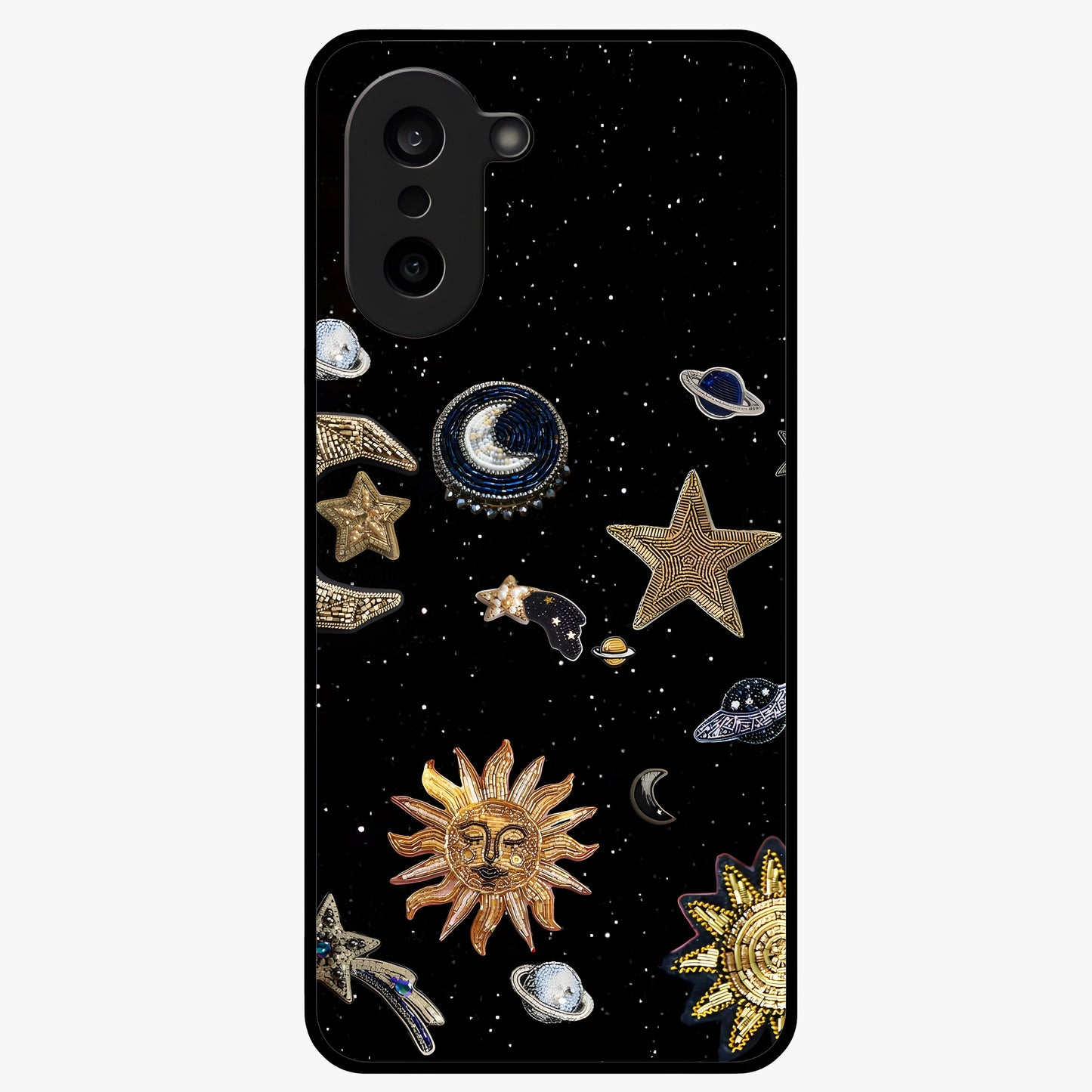 Celestial Star Charm Glass Case for 1+Nord CE 5 radiant front view featuring star inspired cosmic artwork