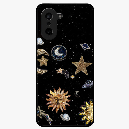 Celestial Star Charm Glass Case for 1+Nord CE 5 radiant front view featuring star inspired cosmic artwork