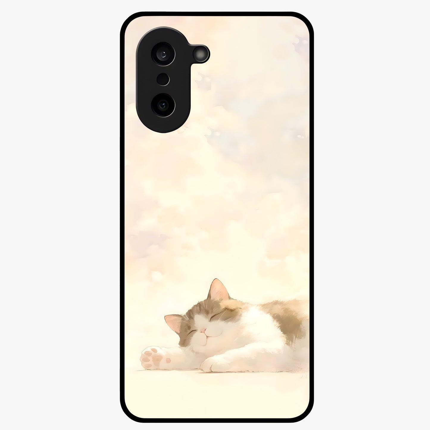 Cloud Nap Cat Glass Case for 1+Nord CE 5 adorable front view featuring cute sleeping cat artwork on soft cloud background
