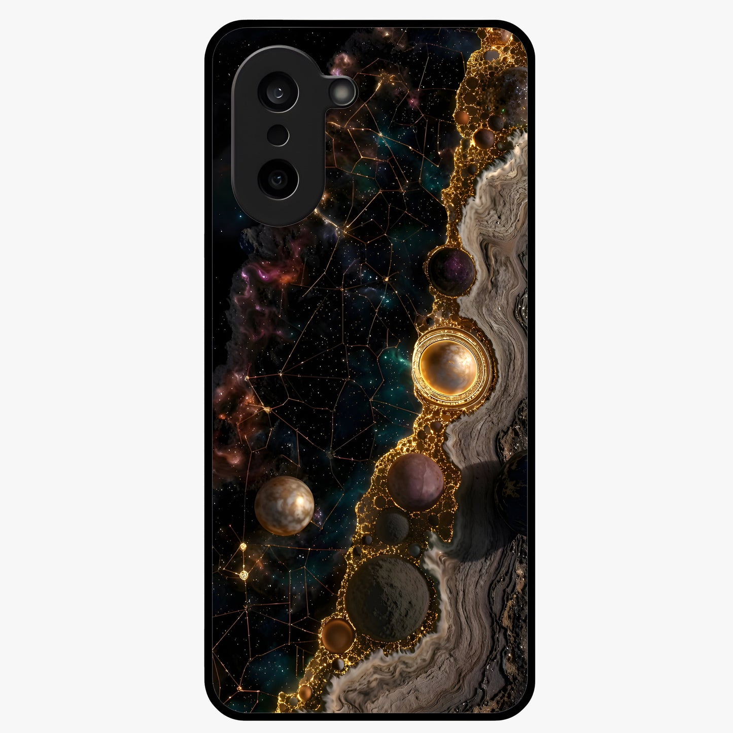 Cosmic Gold Path Glass Case for 1+Nord CE 5 luxurious front view featuring golden pathway artwork against cosmic backdrop