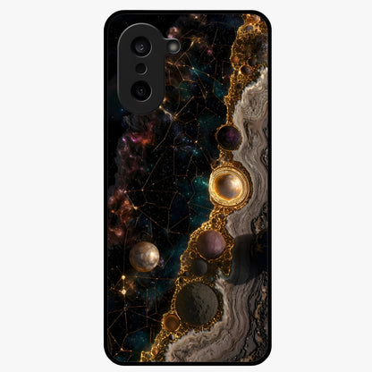 Cosmic Gold Path Glass Case for 1+Nord CE 5 luxurious front view featuring golden pathway artwork against cosmic backdrop