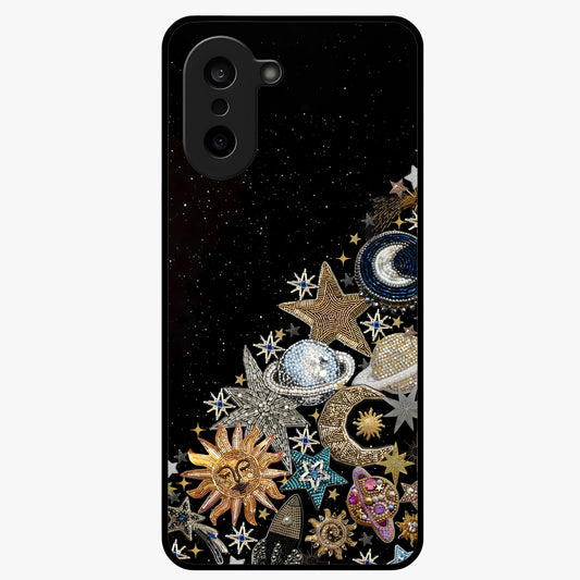 Cosmic Sparkle Dreams Glass Case for 1+Nord CE 5 magical front view featuring sparkling star artwork with dreamy gradients