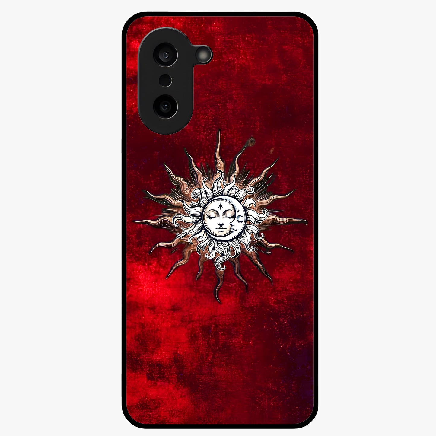 Cosmic Twin Eclipse Glass Case for 1+Nord CE 5 dramatic front view featuring dual eclipse artwork with deep space tones