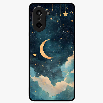 Crescent Galaxy Moon Glass Case for 1+Nord CE 5 mystical front view featuring crescent moon artwork with cosmic background
