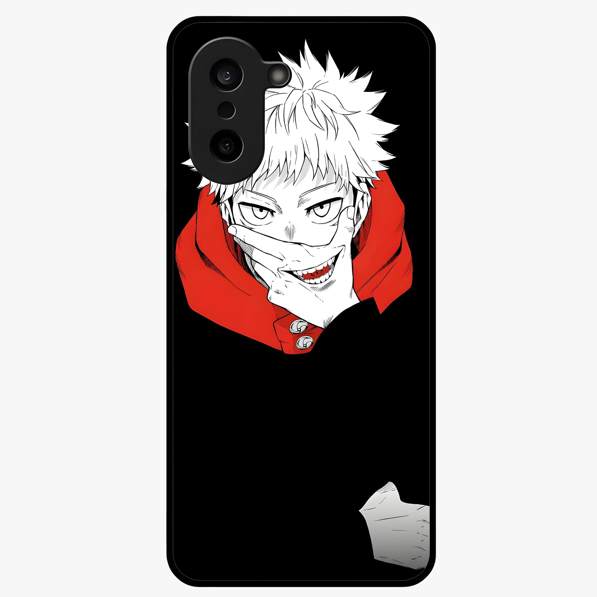 Crimson Chaos Smile Glass Case for 1+Nord CE 5 bold front view featuring edgy smile artwork in deep crimson tones