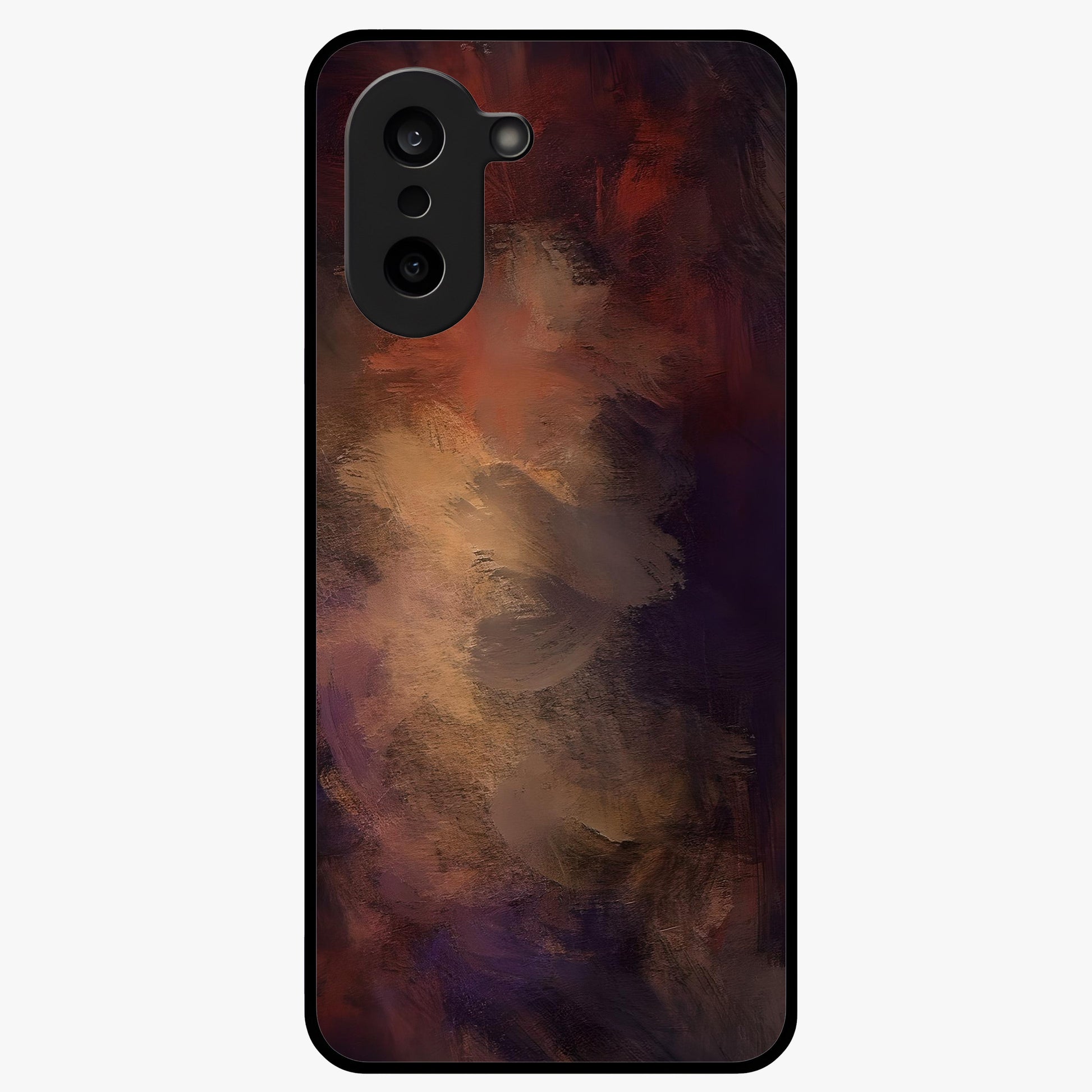 Crimson Dusk Whirl Glass Case for 1+Nord CE 5 dramatic front view featuring swirling dusk inspired crimson artwork