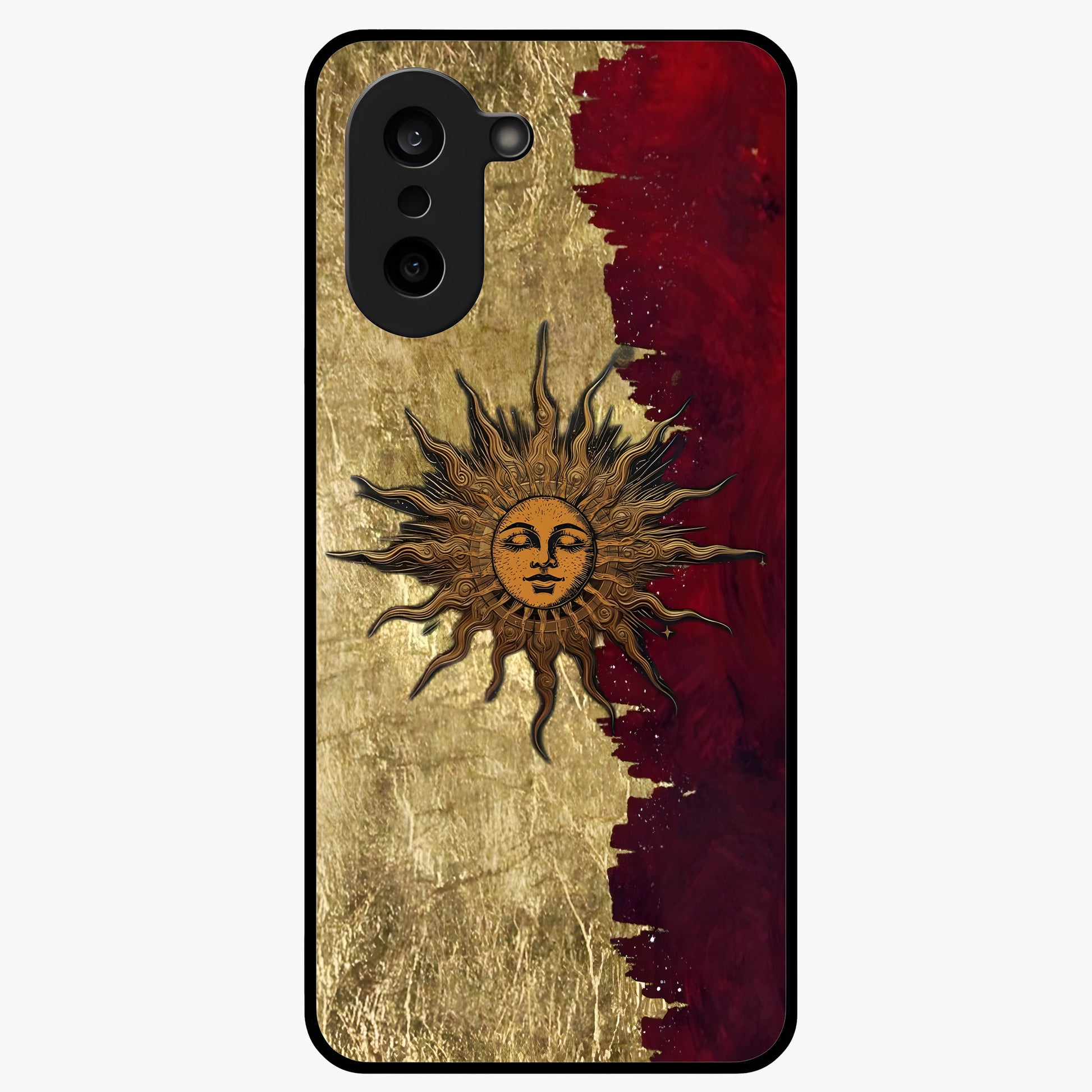 Crimson Sun Majesty Glass Case for 1+Nord CE 5 radiant front view featuring glowing sun artwork in deep red hues