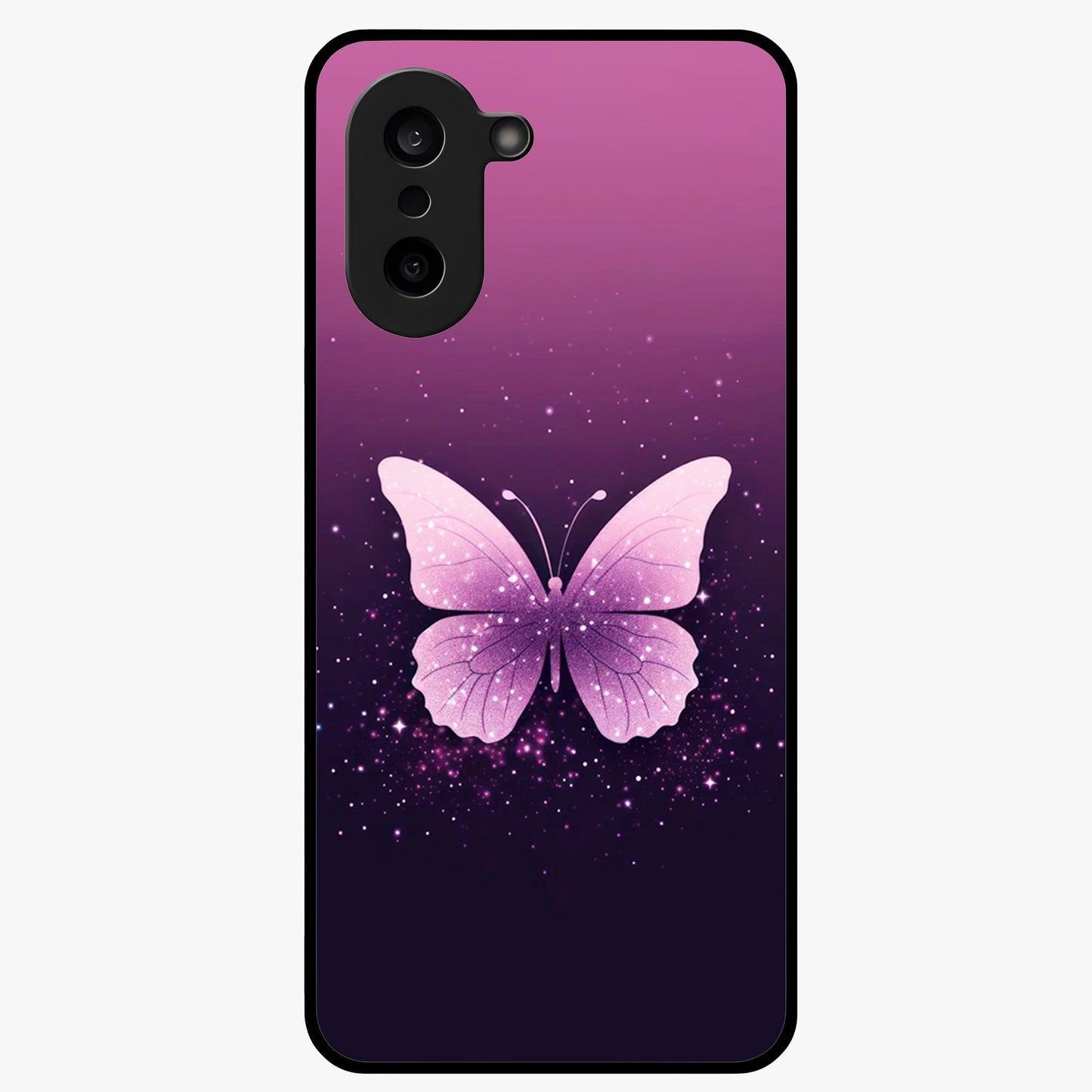 Cute Starry Butterfly Glass Case for 1+Nord CE 5 dreamy front view featuring butterfly artwork with sparkling star accents