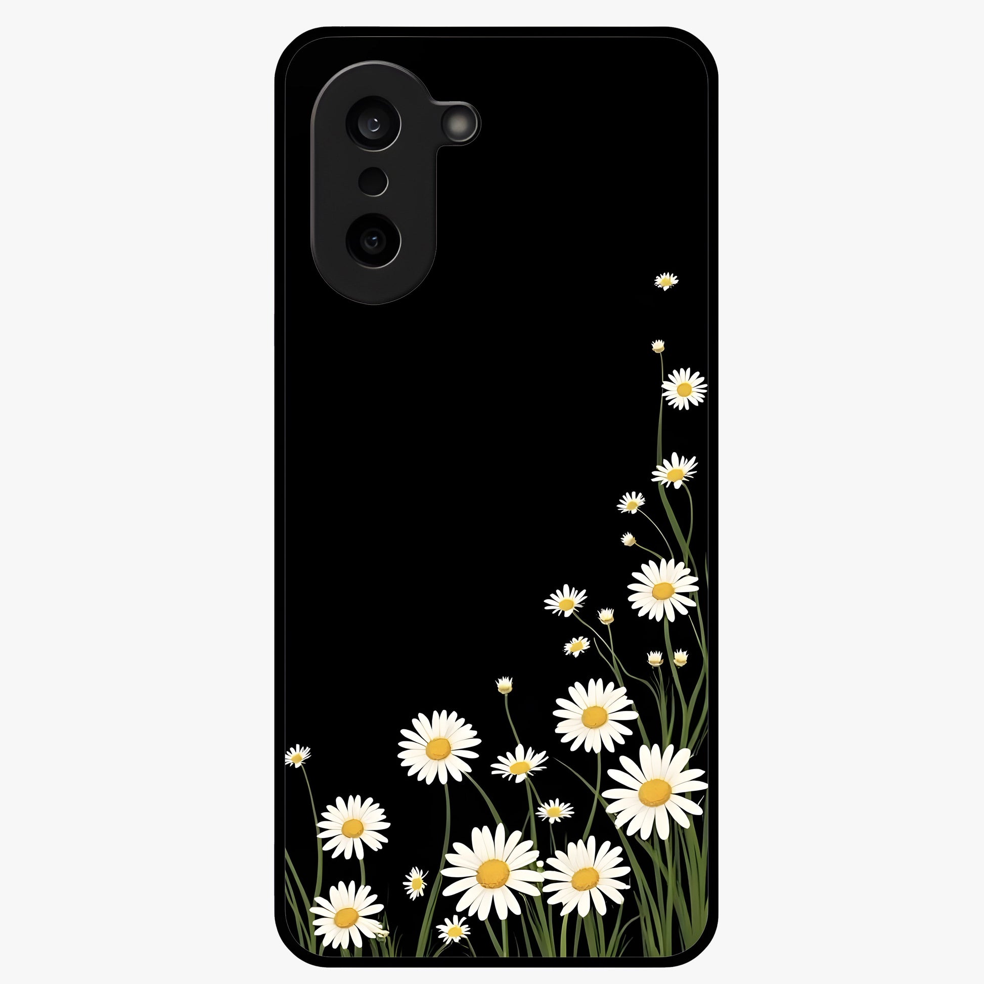 Daisy Cascade on Black Glass Case for 1+Nord CE 5 elegant front view featuring white daisy artwork on deep black background