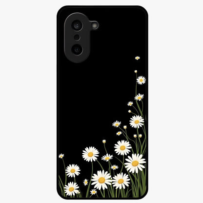 Daisy Cascade on Black Glass Case for 1+Nord CE 5 elegant front view featuring white daisy artwork on deep black background