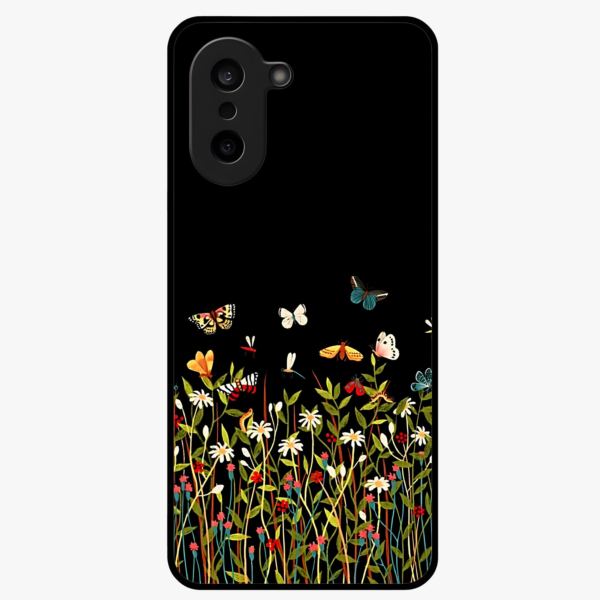 Dark Bloom Wonderland Custom Name Glass Case for 1+Nord CE 5 striking front view featuring dark floral artwork with personalized name design