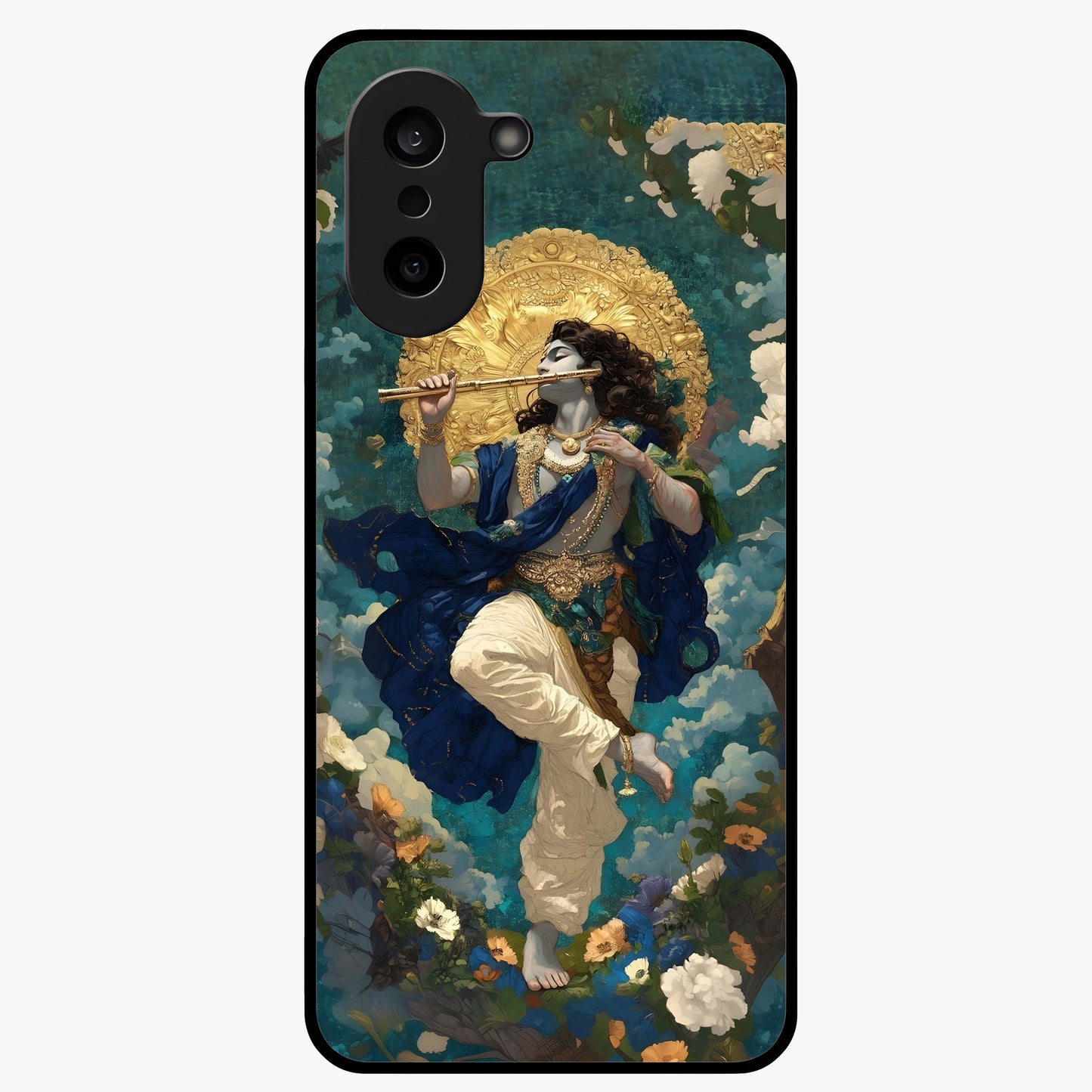 Divine Krishna Art Glass Case for 1+Nord CE 5 devotional front view featuring detailed Krishna artwork