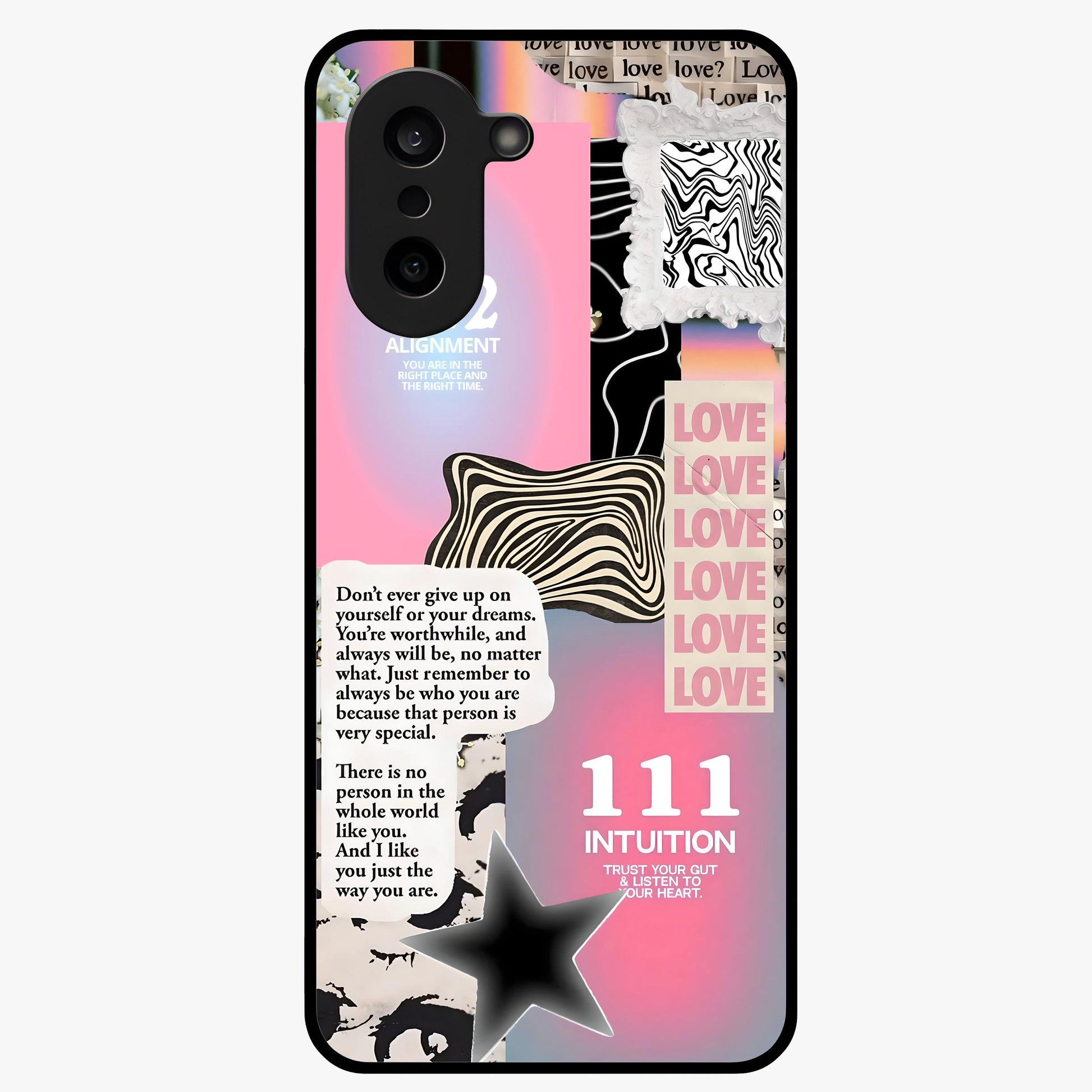 Divine Love Vibes Glass Case for 1+Nord CE 5 soft front view featuring romantic artistic typography design