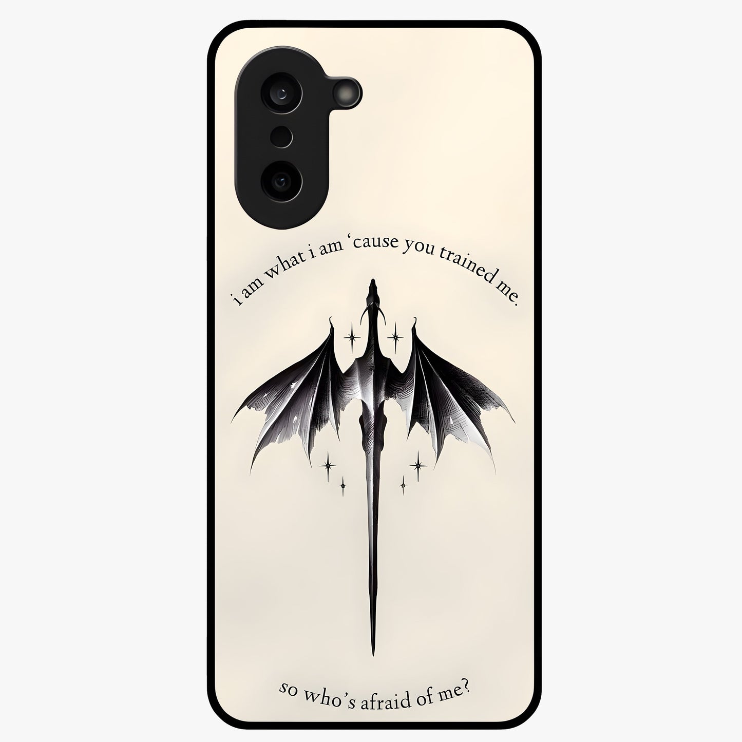 Dragon Quote Art Glass Case for 1+Nord CE 5 bold front view featuring dragon illustration with motivational quote artwork