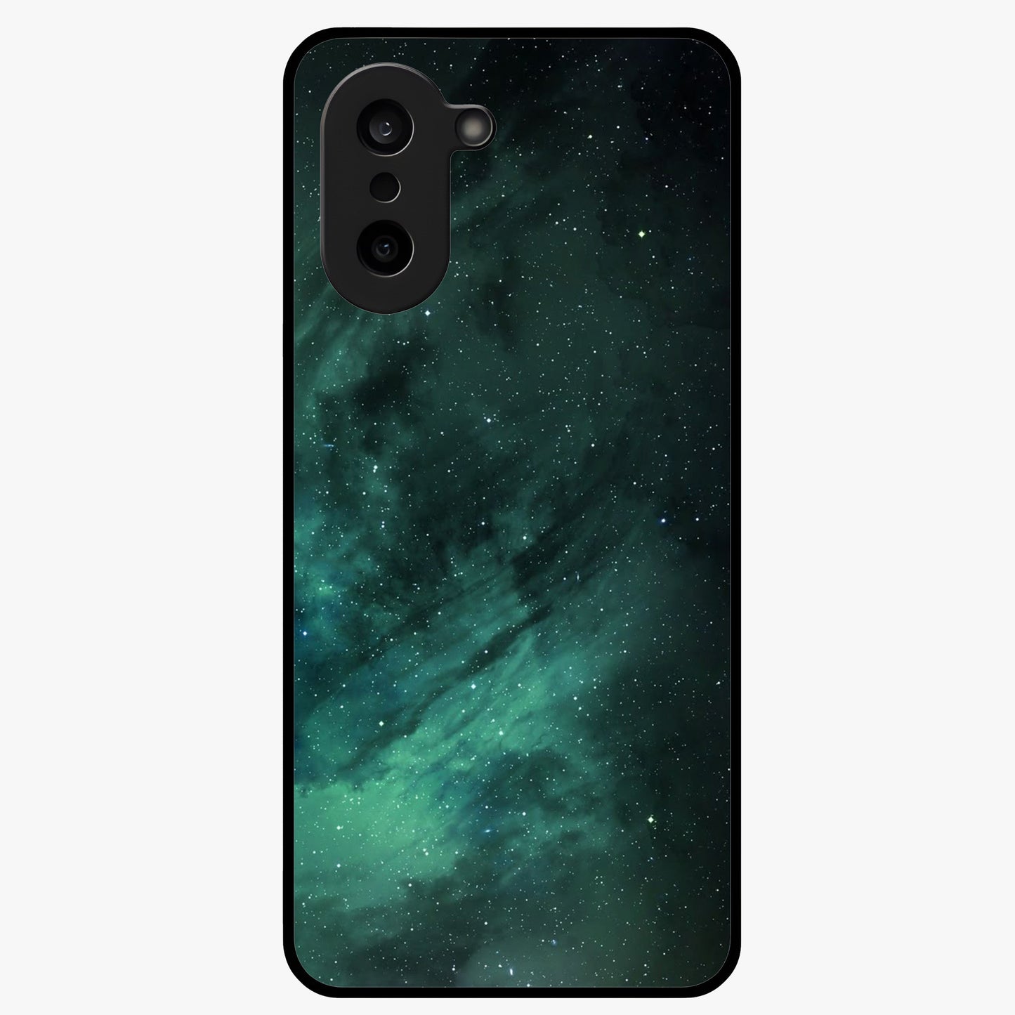 Emerald Green Space Glass Case for 1+Nord CE 5 vibrant front view featuring deep green cosmic inspired artwork