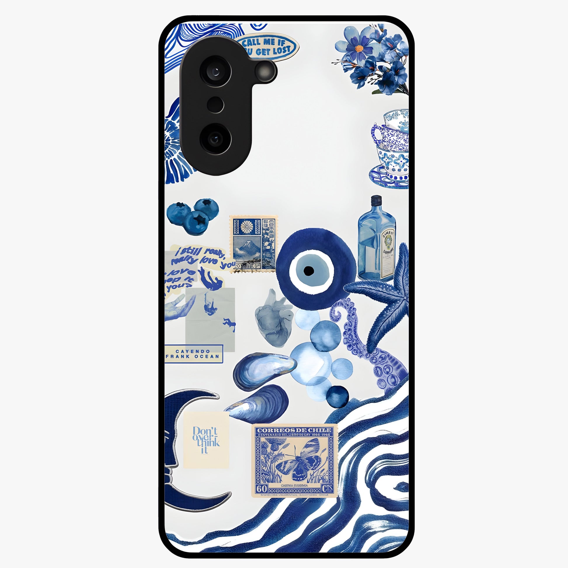 Evil Eyes Dark Blue Glass Case for 1+Nord CE 5 striking front view featuring deep blue evil eye artwork