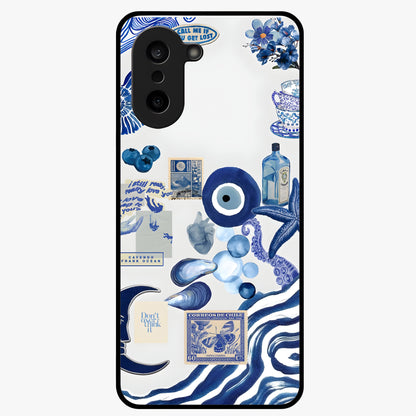 Evil Eyes Dark Blue Glass Case for 1+Nord CE 5 striking front view featuring deep blue evil eye artwork